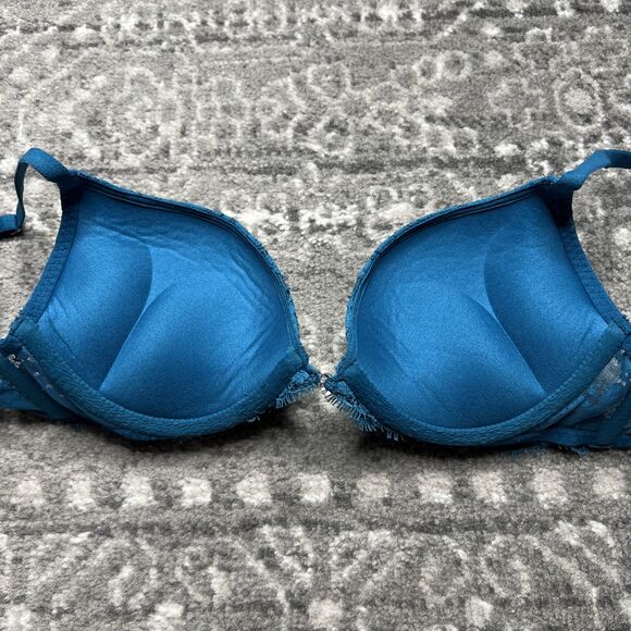 Victorias Secret Teal Blue Bombshell Plunge Bra 32B Padded Push Up Beaded Lace - Picture 3 of 6